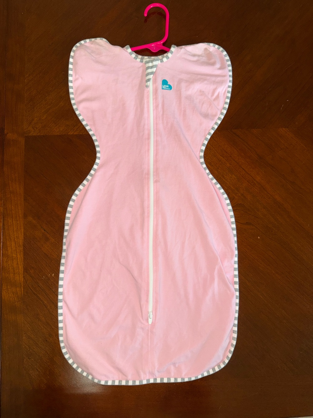 Love to dream Pink Zip-Front Swaddle with Gray Stripe Trim